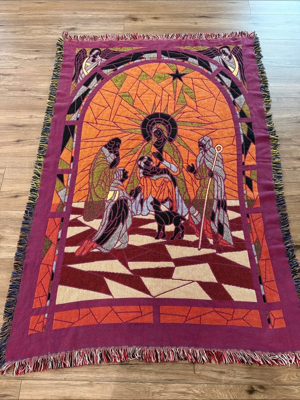 Vintage Stained Glass Style Nativity Blanket Tapestry. Christian. Christmas